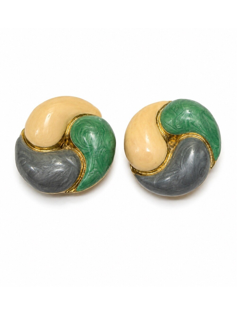 Vintage Heavy Gold Tone Enamel Swirl Clip On Earrings Green Gray Cream
